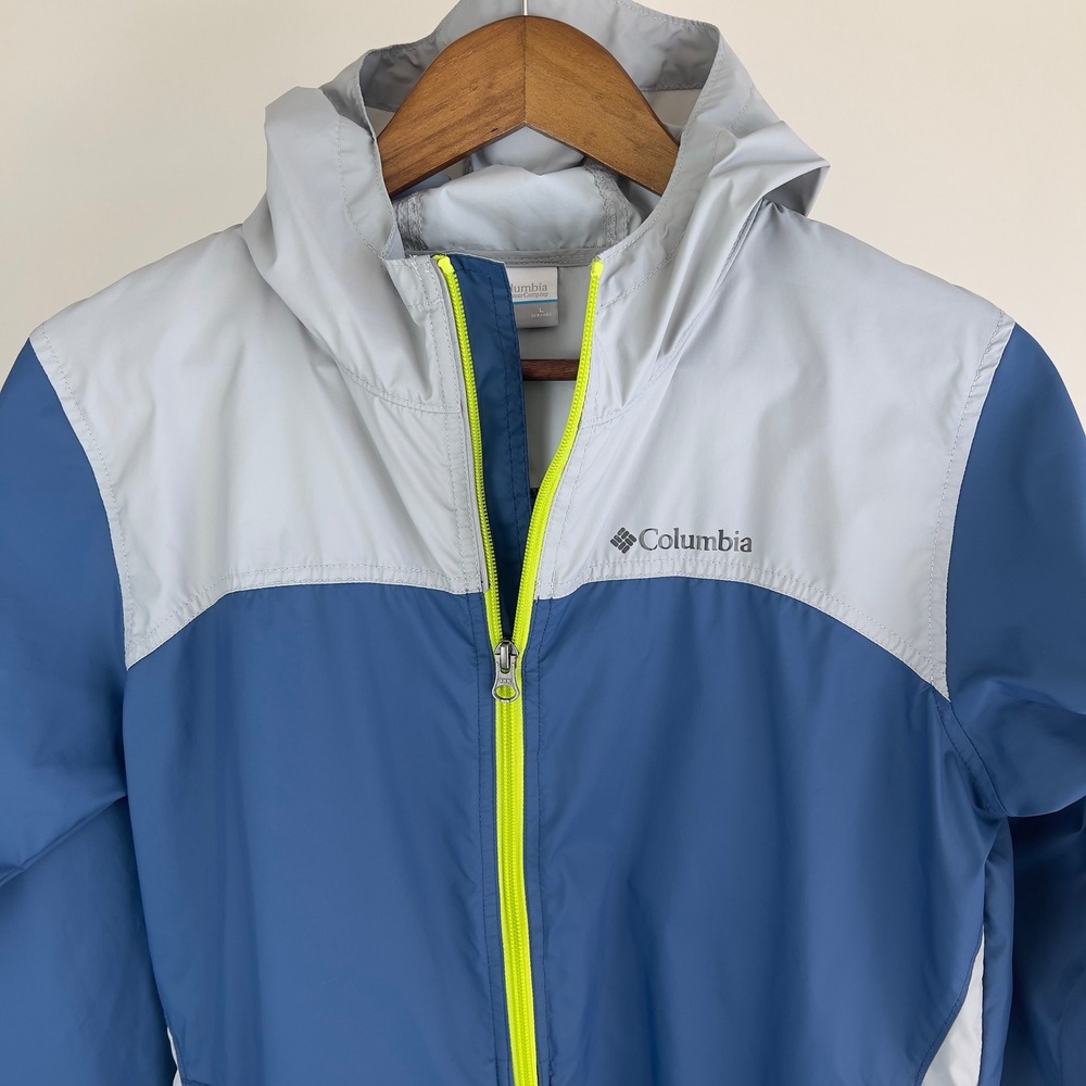 Columbia Kids Glennaker Rain Jacket Blue Grey Neon Windbreaker Size L 14/16